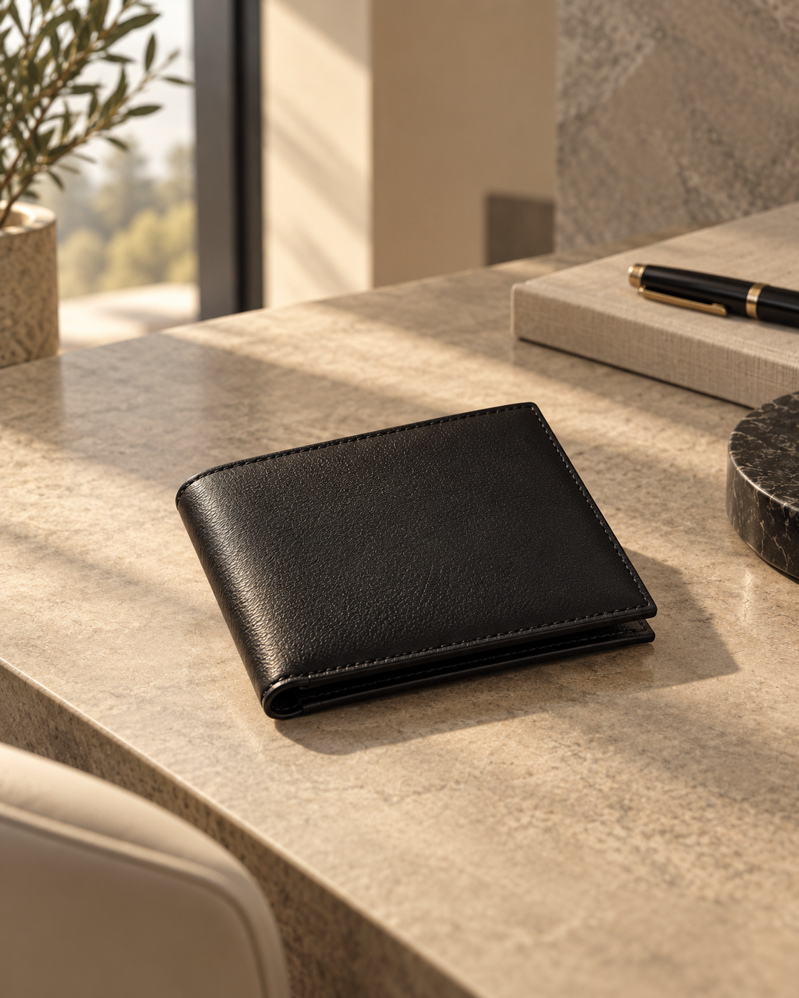 Slim black leather card wallet with quick-slide card access